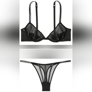 "Various Sizes" VS Shine Strap Sheer Shine Bra Garter Belt Thong Panty Set Black